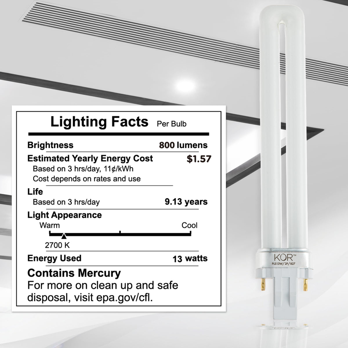 KOR (4 Pack) PL13S/27/ECO - Compact Fluorescent Plug-in - 13 Watt - 120 Volt - T4-2-Pin (GX23) - 2,700 Kelvin (Soft White)