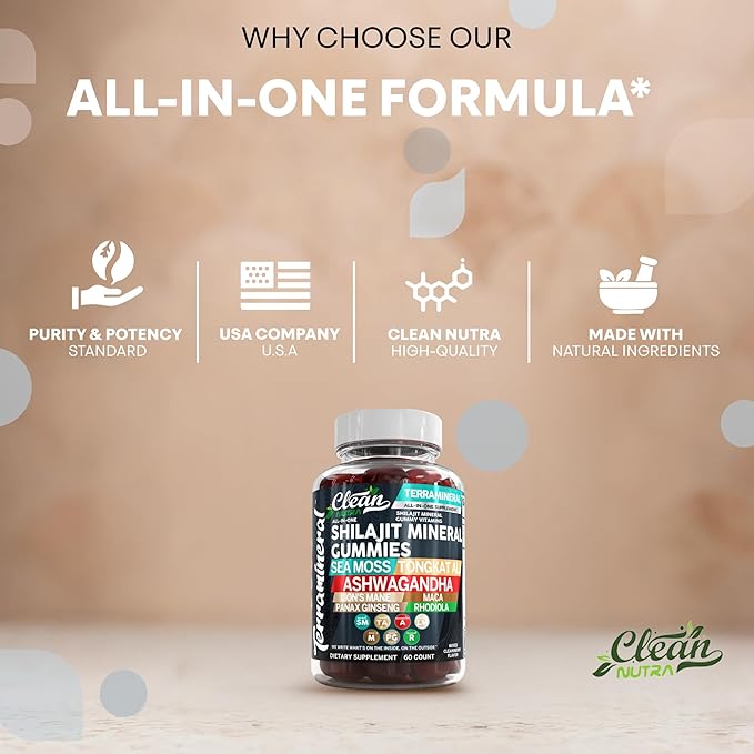 Terramineral Shilajit Gummies with Irish Sea Moss Tongkat Ali Ashwagandha Lion's Mane MACA Panax Ginseng Rhodiola & Cordyceps by Clean Nutra (1)