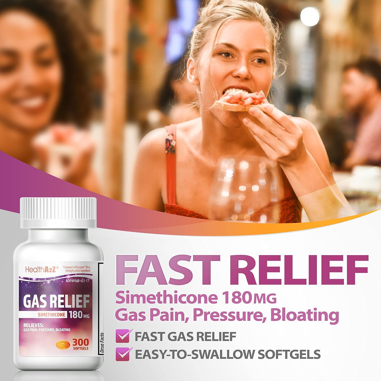 HealthA2Z® Gas Relief Simethicone 180mg | Relieves from Stomach Discomfort and Gas | Anti Flatulence | Relieves Gas Fast (300 Count (Pack of 1))
