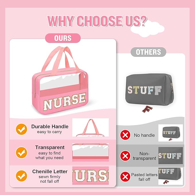 Nurses Week Gifts Chenille Letter Clear NURSE Makeup Bag for Women,Preppy Nurse Cosmetic Pouch Zipper with Handle Nurse Essentials Bag for Work Supplies,Travel Waterproof Toiletry Storage(NURSE-Pink)