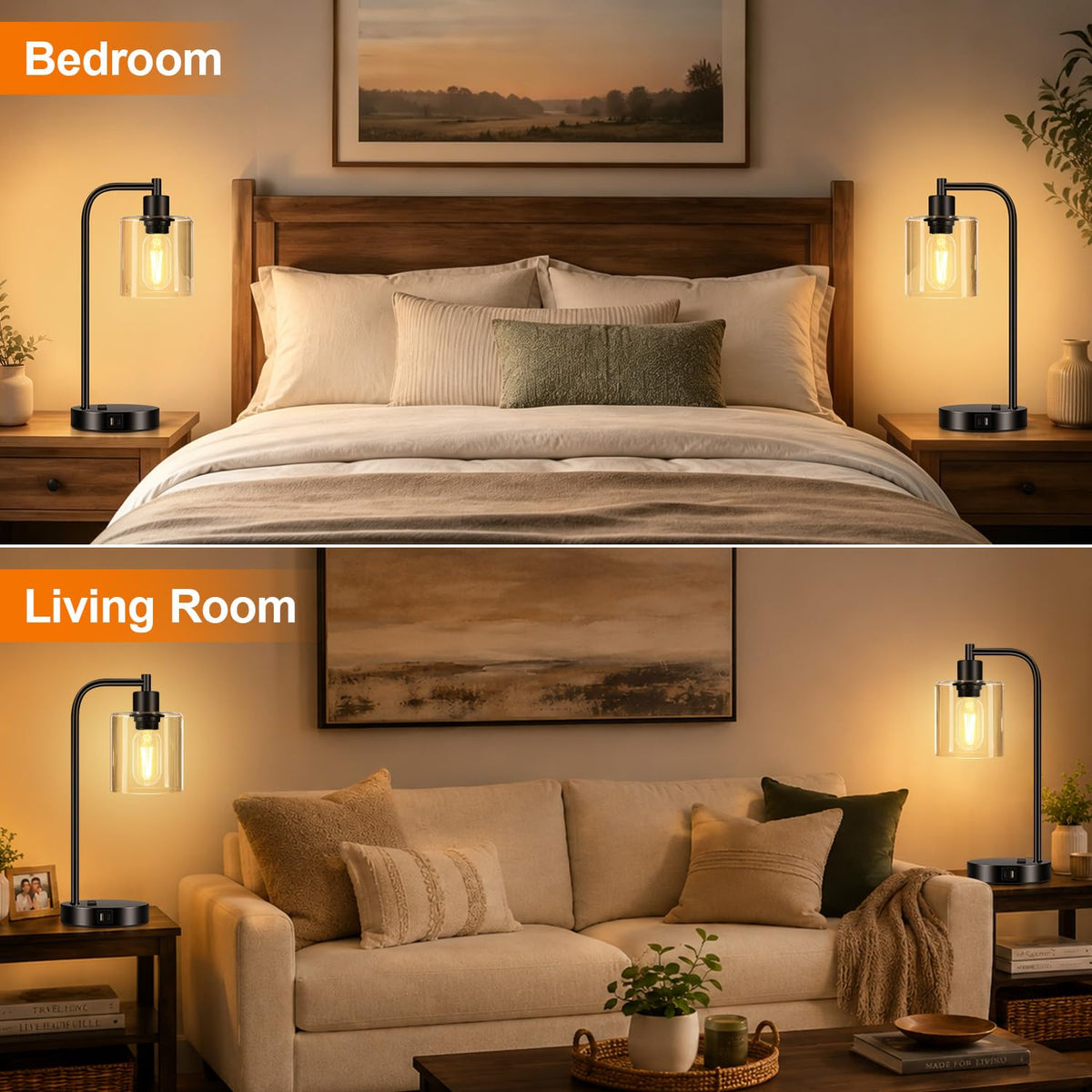 Set of 2 Industrial Touch Control Table Lamps with USB C+A Ports and AC Outlet - 3-Way Dimmable Black Bedside Lamps Nightstand Desk Lamps for Bedroom Living Room, Glass Shade & 2 LED Bulbs Included