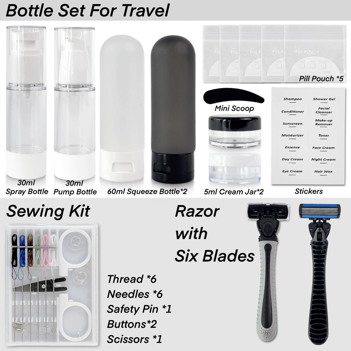 Travel Kit 39 Essentials for Travel Emergency, Large Capacity Toiletry Bag, All Purpose Grooming Set, Airplane Pillow Kit, TSA Approved (Pearl Bisque Beige)
