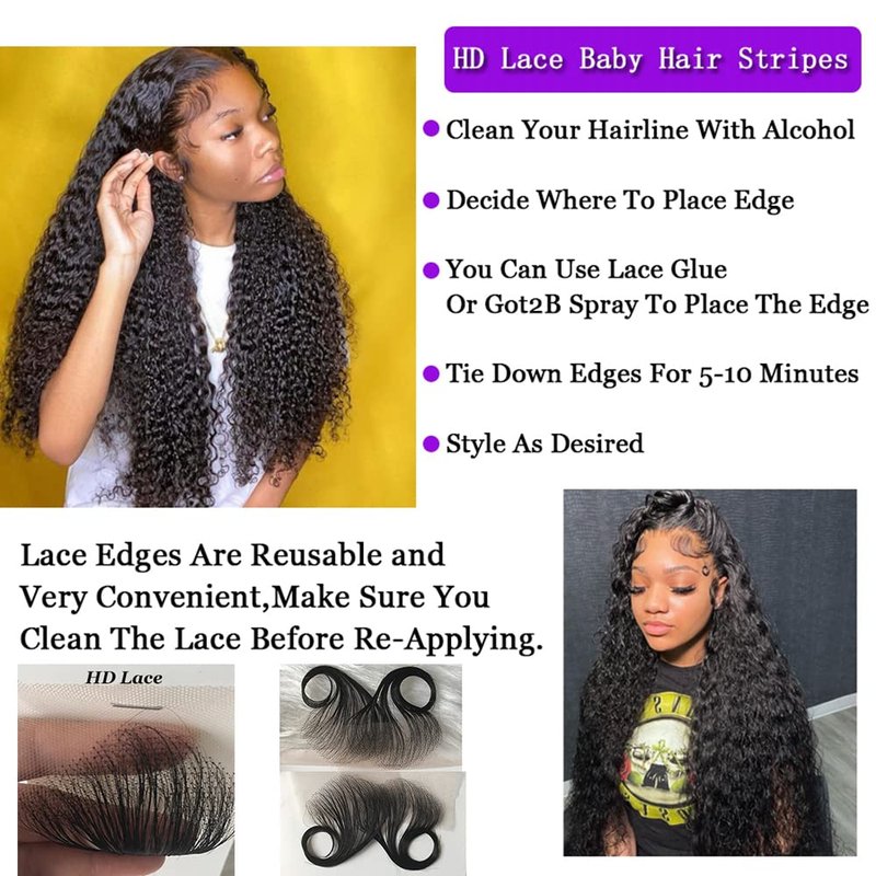 JZhair 4Pcs HD Swiss Lace Baby Hair Edge Stripes Real Human Virgin Hair Reusable More Natural for Women HD Lace Hairline Baby Hair Natural Color 4Pcs