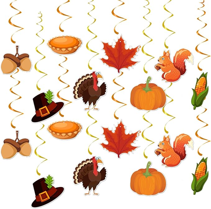 Thanksgiving Fall Hanging Swirls Party-Decorations - 24Pcs Streamers Garland,Turkey Maple Squirrel Pumpkin Ceiling Outdoor Indoor Windows Wall Autumn Baby Bridal Shower Wedding Decor Supplies Hugtmr