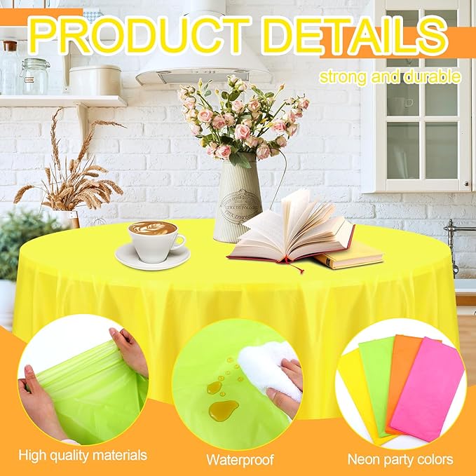 Preboun 84 Inch Large Neon Tablecloth Disposable Plastic Round Party Table Cover Decor Assorted Color Tablecloth Circle Table Cover for Wedding Birthday Picnic Tea Party Decor(Vivid Color,16 Pack)