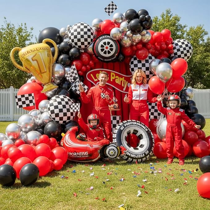 Race Car Balloons Arch Kit -Trophy, Flags, Cars, Tire, Checkered, Wheels and Red Black Silver Balloon Garland Kit for Racing Car Theme Two Fast 2nd Boy Birthday Anniversary Party Decorations