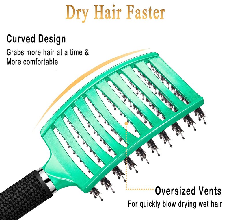 KTKUDY Detangling Brush Boar Bristles Hairbrush Make Hair Shiny & Healthier Curved and Vented Detangler Brush for Women Men Kids Wet & Dry Hair (Light green)
