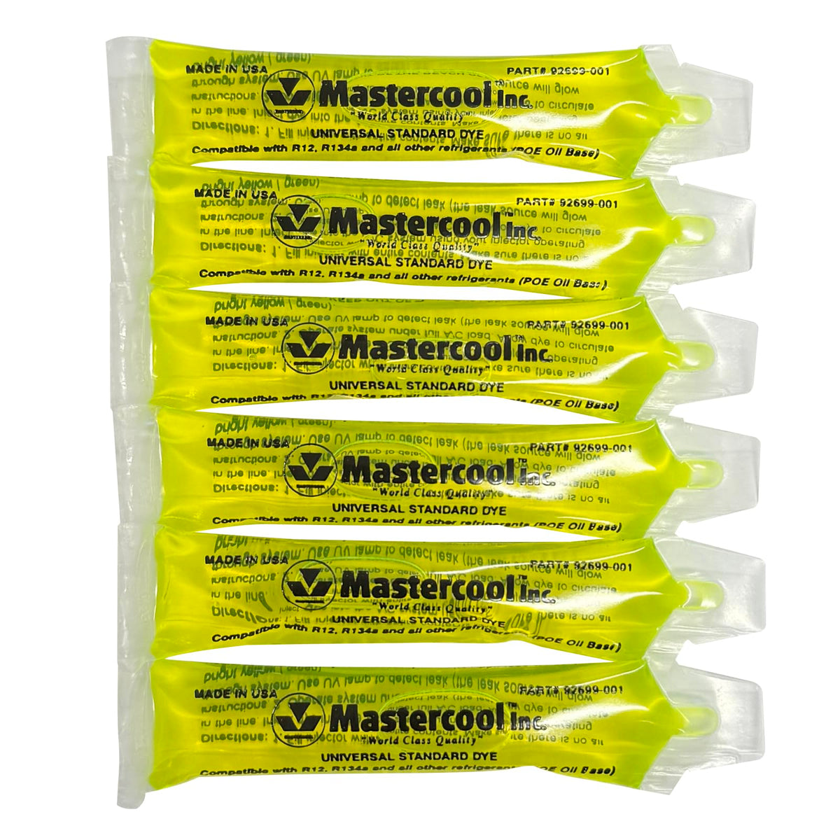 Mastercool 92699 Standard Universal UV Dye - Six   oz Packs - Compatible with R-1234yf, Hybrid, CO2 & Conventional Systems