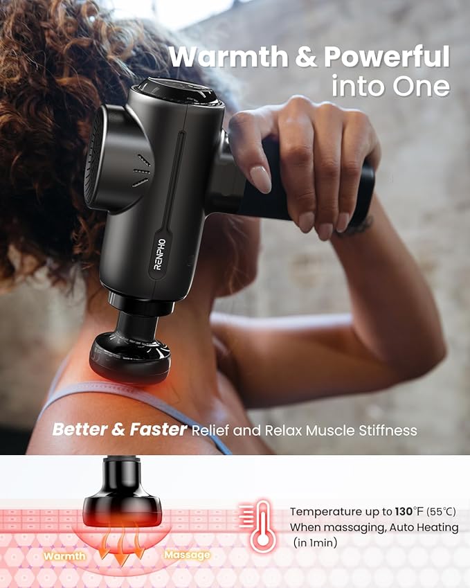 RENPHO Massage Gun with Heat, Valentines Birthday Gifts for Women Men, Portable Muscle Percussion Massager with Bluetooth for Back and Neck, 5 Replaceable Heads, Carry Case