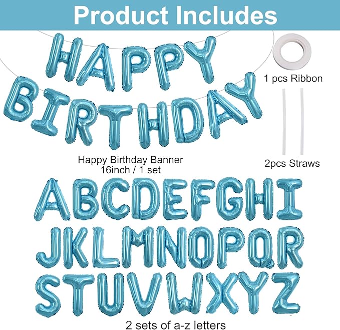 TONIFUL 65 Pcs 16 Inch Light Blue Happy Birthday Balloons and 2 Sets A-Z Foil Letters Balloons DIY Personalized Phrase Banner for Birthday Celebration Thanksgiving Christmas Party Decorations