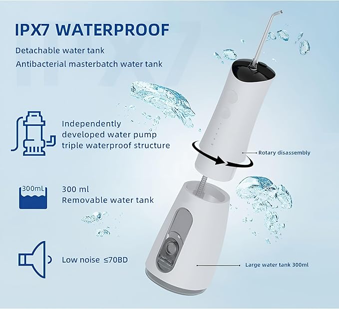 KAMEX Cordless Water Dental Flosser for Teeth Cleaning: Portable Oral Irrigator with 300ML Tank, 4 Cleaning Modes, Rechargeable IPX7 Waterproof Water Flosser for Sensitive Gums, Braces - Home & Travel