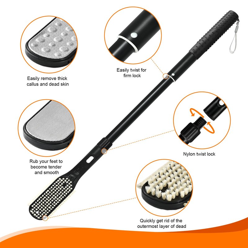 Gobiteli Foot Scrubber with Foot Files for Feet, 18.8"-26" Telescopic Long Handle Foot File for Feet Care Remove Hard Skin, Foot Brush for Shower for Seniors,Men and Women