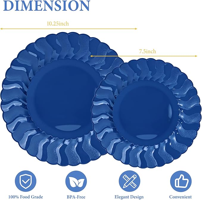 Lullaby 60PCS Navy Blue Scalloped Plastic Plates, Disposable Elegant Party Plates Include 30pcs Dinner Plate 10.25", 30pcs Plastic Dessert Plate 7.5", Perfect for Wedding and Party