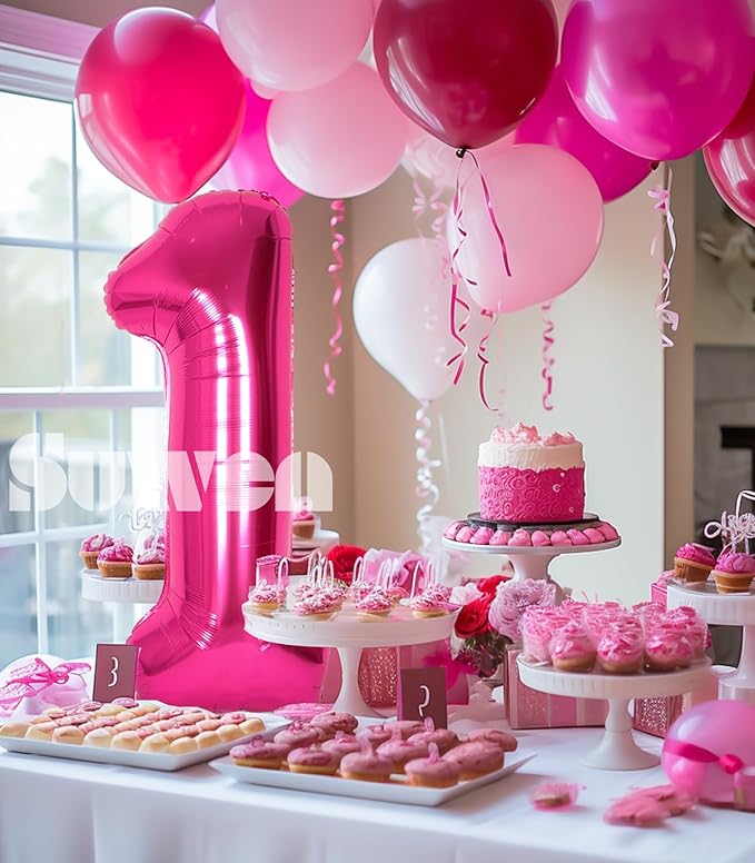 SUWEN 40 Inch Hot Pink Large 1 Balloon Numbers Big Foil Helium Number Balloons 0-9 Jumbo Happy 1st Mylar Birthday Party Decorations for Baby Girl Anniversary Party Supplies