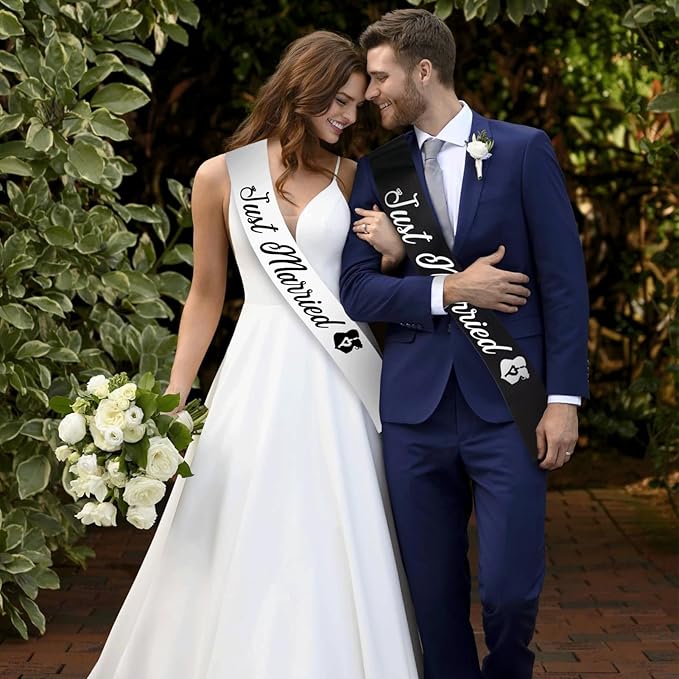 "Just Married - 2 Pcs Bride to Be Sash and Groom to Be Sash Kit, Black White Bachelorette & Bachelor Party Sashes for Wedding Bridal Shower Decorations Engagement Gifts