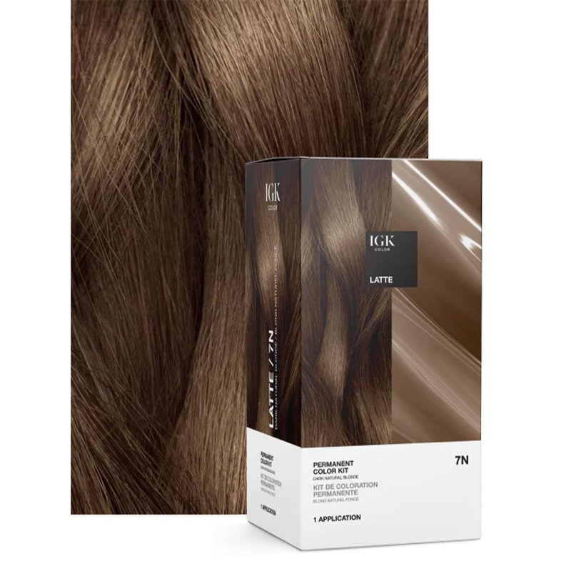 IGK Permanent Hair Color Kit | 7 N Latte - Dark Natural Blonde | 100% Gray Color Coverage + Strengthen + Shine | Ammonia Free