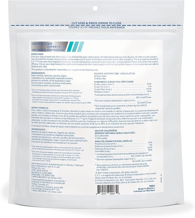 C.E.T. Enzymatic Oral Hygiene Chews for Dogs - Plaque & Tartar Control - Single Layer Beefhide with Exclusive Dual-Enzyme System & Tasty Chicken Flavor - Easy to Give Dog Dental Chew