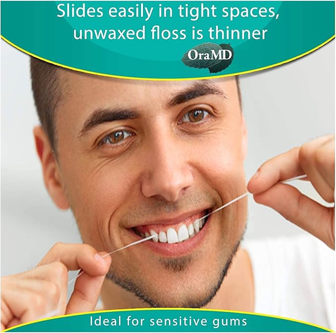 OraMD Oral Care Pure Unwaxed Dental Floss 54.6 Yards - PFOA-Free, Chemical Free, Shred Resistant - Unscented and Ultraclean Plaque Removal - Teeth and Gum Protection for Adults - Pack of 6