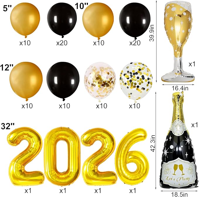 106 Pcs Gold Happy New Year Balloons, Huge Black Gold Champagne Bottle Goblet Aluminum Foil Balloons for New Years Eve Party Decorations Supplies Nye Decorations 2026