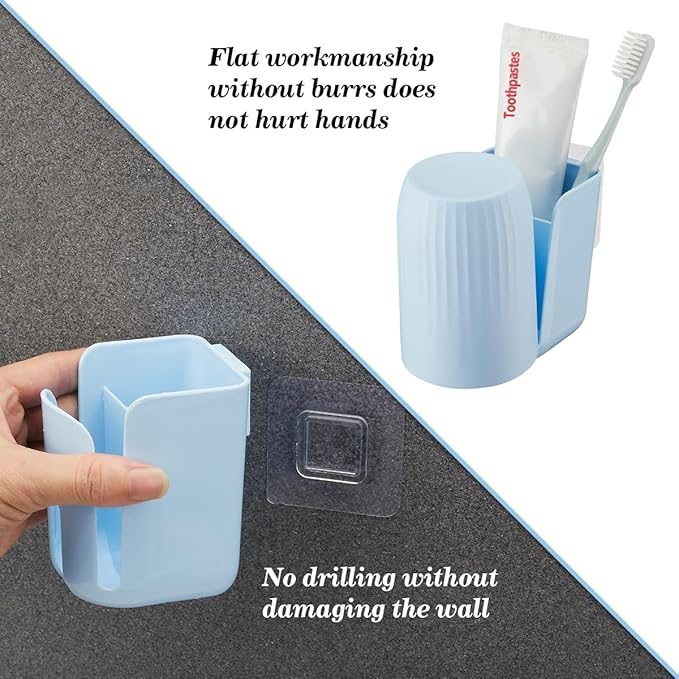 Toothbrush Holders for Bathrooms Toothbrush Holders Wall Mounted BPA-Free Tooth Brush Holder with Toothbrush Cup Drilling-Free (Blue)
