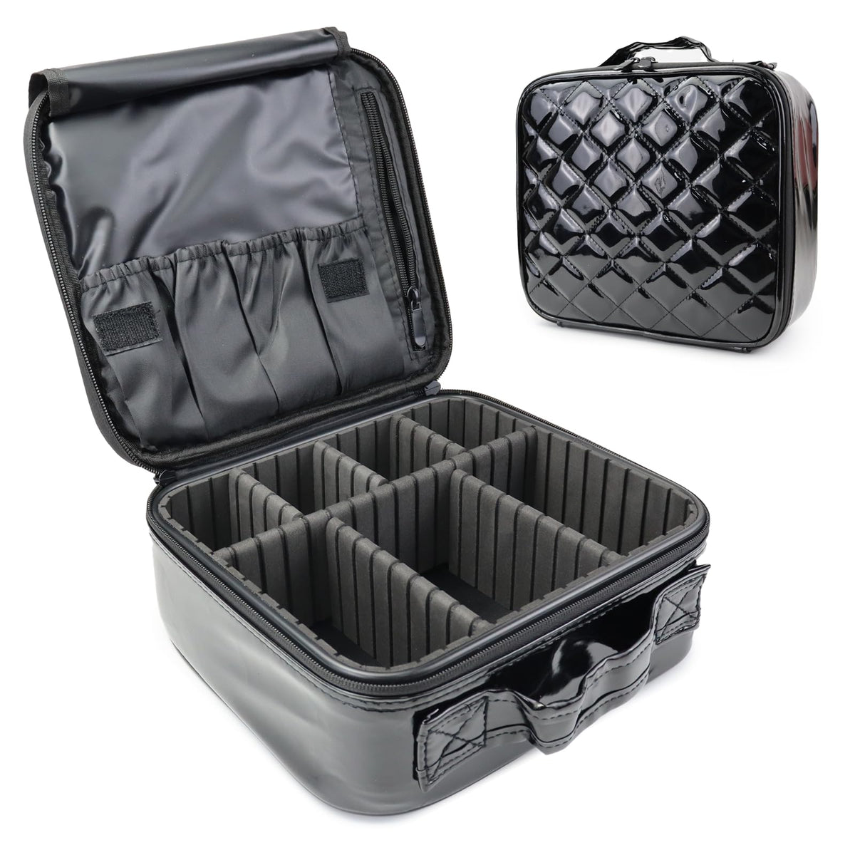 SLUMAZI Travel Makeup Bag Makeup Cosmetic Train Case Organizer Portable Storage Bag with Adjustable Dividers for Cosmetics Makeup Brushes Toiletry Jewelry Black Medium