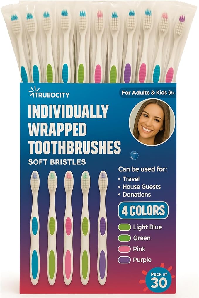 Trueocity 30 Pack Individually Wrapped Toothbrushes - Soft Bristle, Multi-Colored and Perfect for Adults and Kids, Travel Pack, Disposable Toothbrushes for Bulk Use, Oral Care Supplies