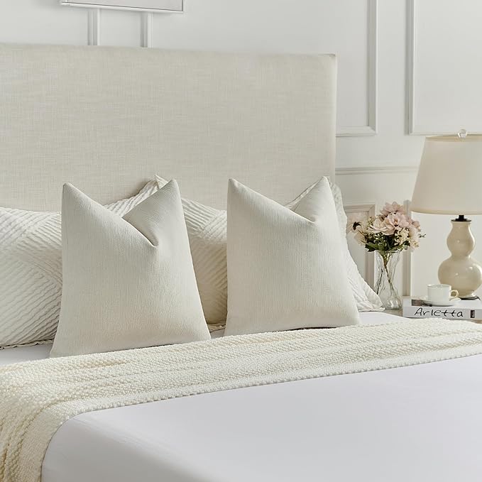 FUTEI Cream Chenille Decorative Throw Pillow Covers 18x18 Inch Set of 2,Soft Cozy Faux Linen Textured Cushion Case,Farmhouse Home Decor for Couch Living Room