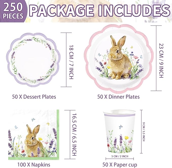 250Pcs Easter Bunny Party Decorations Scalloped Watercolor Bunny Floral Plates Napkins Cups Disposable Cute Rabbit Flowers Tableware Set for Easter Spring Holiday Party Supplies Serves 50