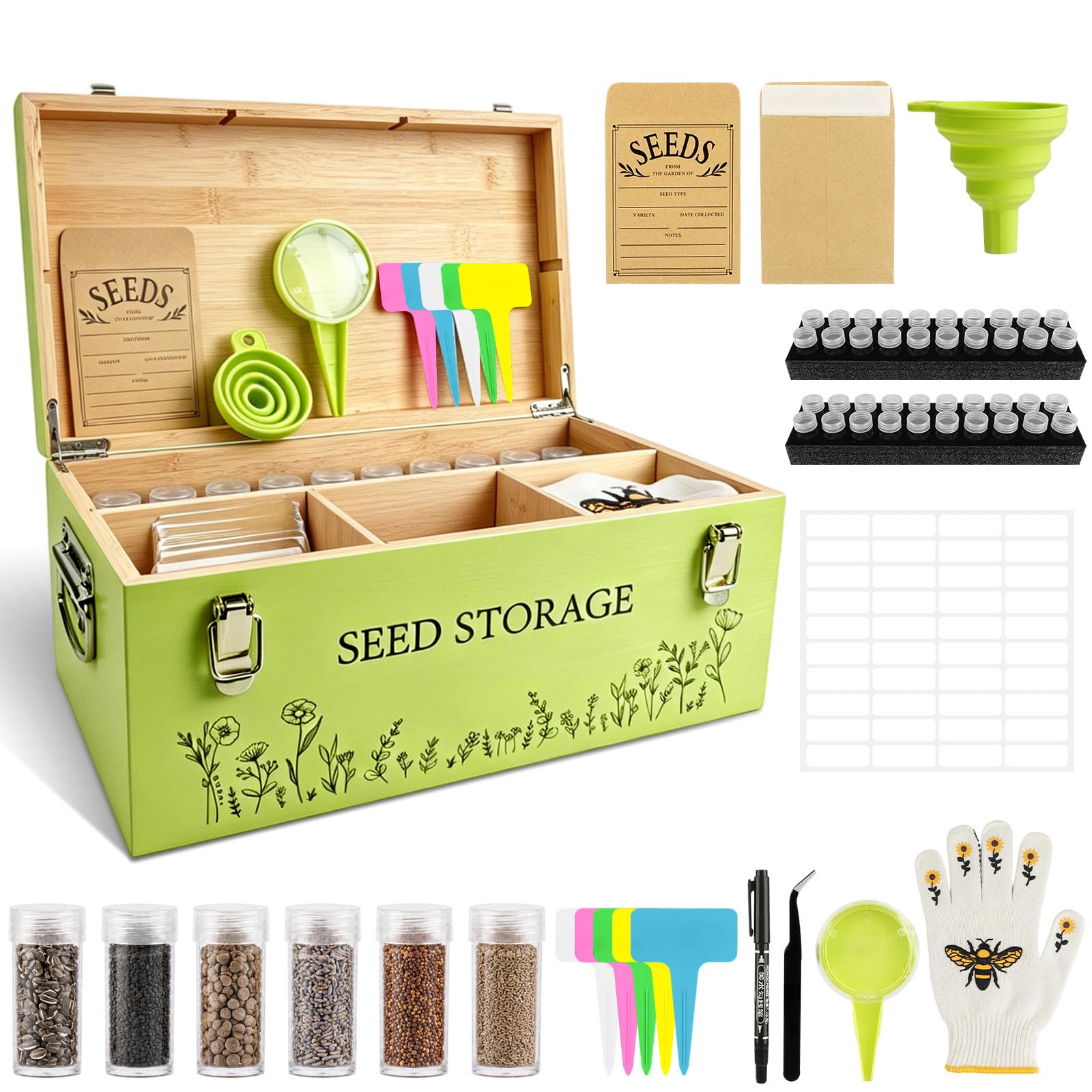 Fayoo Wooden Seed Storage Organizer Box with 40 Seed Vials & 20 Envelopes, Rustic Seed Saving Kit for Vegetable, Flower Seeds, Decorative Garden Seed Storage Container, Gardening Gifts for Women