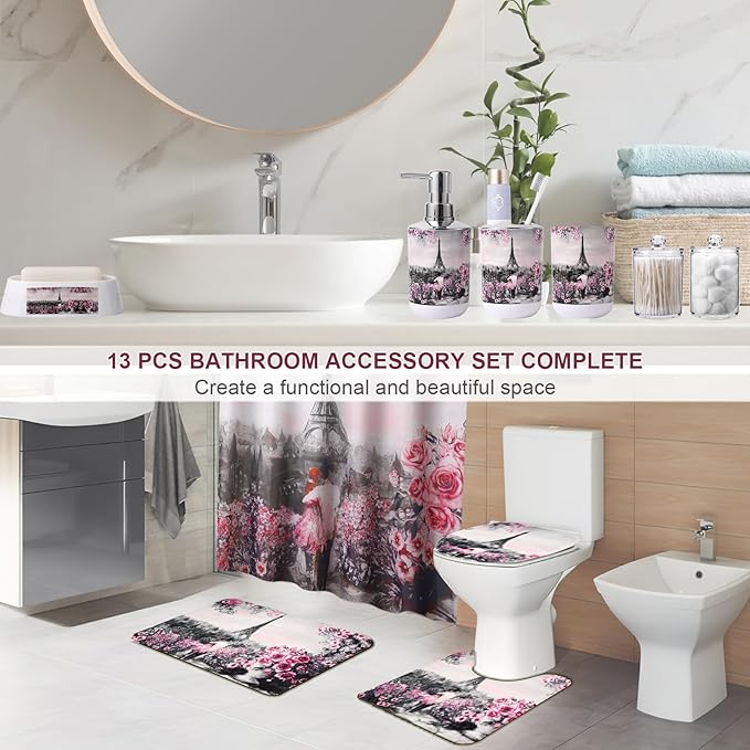 Bathroom Accessories Set with Shower Curtain Bath Rugs Pink Paris Bathroom Accessories with Trash Can, Shower Curtain Set,Bath Rugs for Home Decor