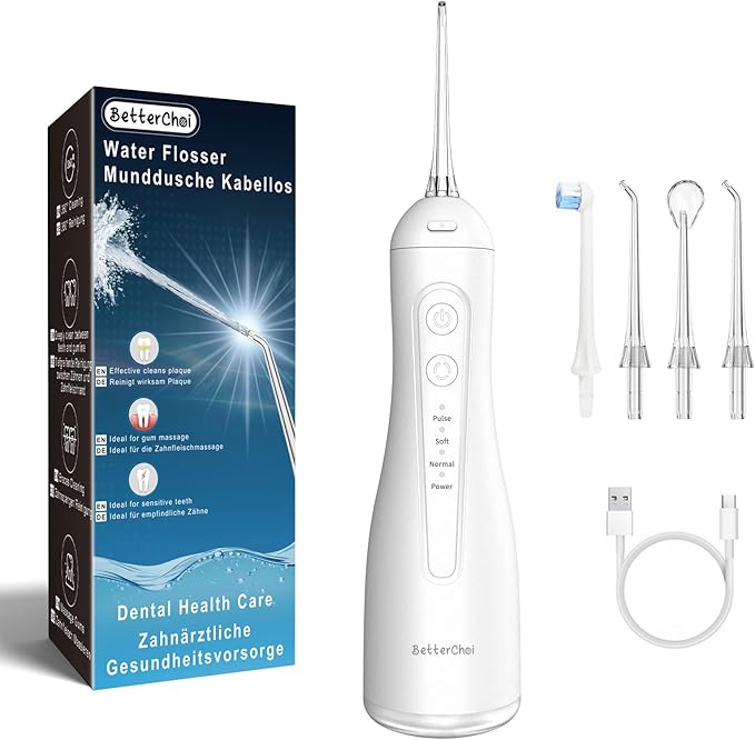 Betterchoi Water Flossers for Teeth, Portable Cordless Water Dental Flosser Teeth Pick, Oral Irrigator – 4 Cleaning Modes, 1800 Pulses, IPX7 Waterproof, USB Type-C Charging for Home Travel, White