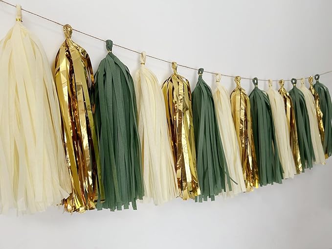 20Pcs Sage Green Gold Mylar Tassels Garland Tissue Paper Tassels Banner DIY Kit Teal Tassel Garland Teal Gold Birthday Party Decorations for Women Men Boys Girls, Party Supplies