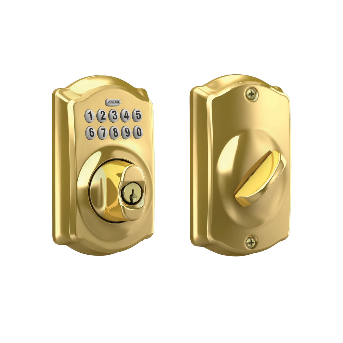 Schlage Camelot Electronic Keypad Deadbolt Lock, Keyless Front Door Entry, Mechanical Key Backup Included, Bright Brass, BE365 CAM 505