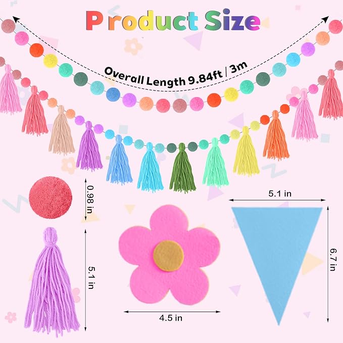 4 Pcs Rainbow Tassel Garland Colorful Pom Pom Garland 9.8 Feet Boho Felt Fabric Tassel Banner Set, Pastel Wall Door Hanging Decor for Classroom Birthday Party Kids Bedroom School