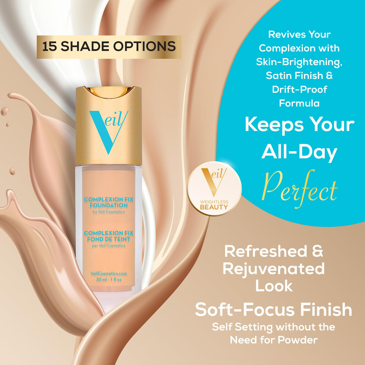 Veil Cosmetics Complexion Fix Liquid Foundation – Hydrating Buildable Coverage – Water-Resistant, Hypoallergenic, Oil-Free, Cruelty-Free & Vegan – Lightweight & Brightening (4N Tan Neural)