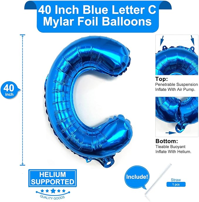 Lovoir 40 Inch Large Blue Letter C Balloons Big Size Jumbo Mylar Foil Helium Balloon for Birthday Party Celebration Decorations Alphabet Blue C