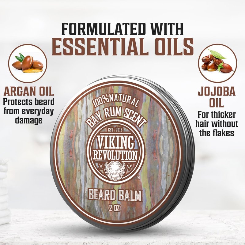 Viking Revolution Bay Rum Beard Balm - Beard Butter with Argan Oil & Jojoba Oil - Softener, Moisturizer & Wax for Men (2oz, 1 Pack)