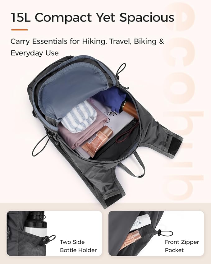 ECOHUB 15L Lightweight Packable Hiking Backpack for Travel, Small Daypack with Chest Strap & Phone Pocket, Water Resistant Foldable Backpack for Men Women