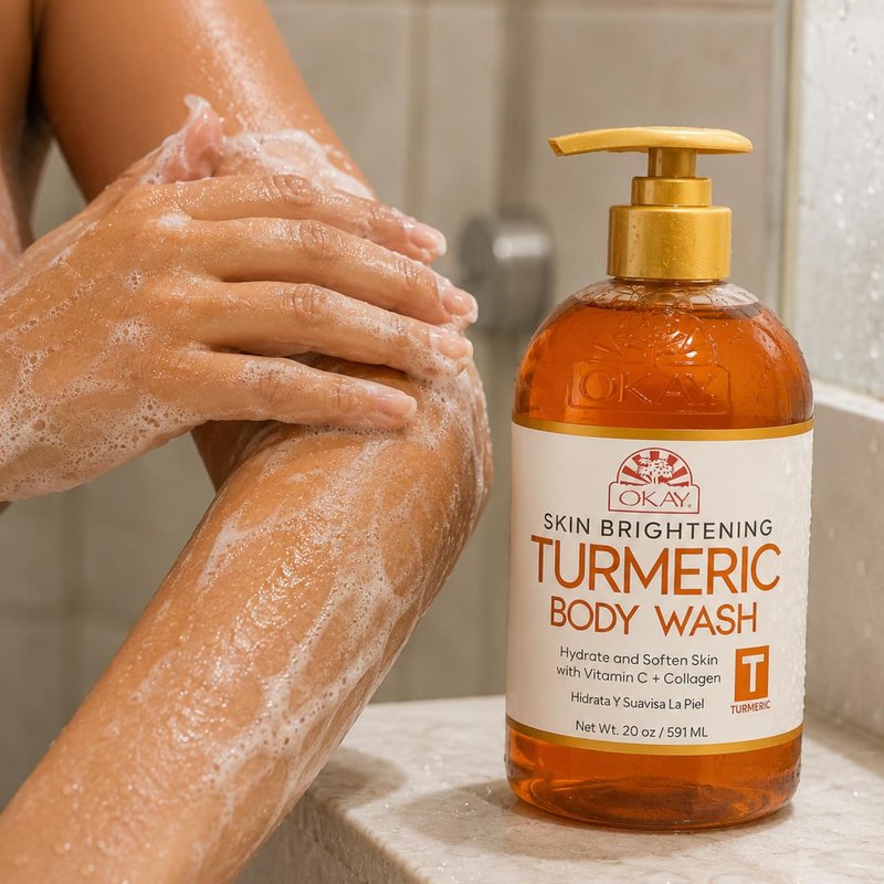 OKAY Turmeric Skin Brightening Body Wash 20 oz – Vitamin C & Collagen Glow Cleanser for Dark Spots & Even Skin Tone