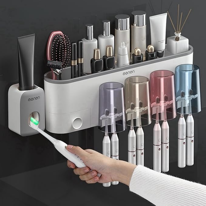 No-Drill Wall Mounted Toothbrush Holder, Bathroom Shelf, with 1 Automatic Toothpaste Dispenser 6 Brush Hooks Cups 1 Cosmetic Drawer Organizer and Large Storage (1 Dispenser + 3 Cups)