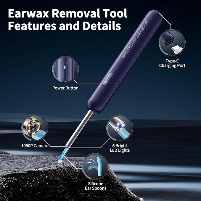 Ear Wax Removal, Ear Cleaner with Camera and Light, Ear Wax Removal Kit with 8 Pcs Set, Ear Wax Removal Tool Camera with 1080P, Ear Cleaning Kit with 6 Spoons, Ear Camera for iOS & Android (Blue)