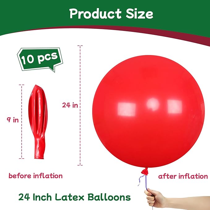 AZOWA 24 Inch Red Balloon 10 Large Latex Balloons for Party Wedding Birthday Baby Shower Decoration (Red, 10 Pcs)