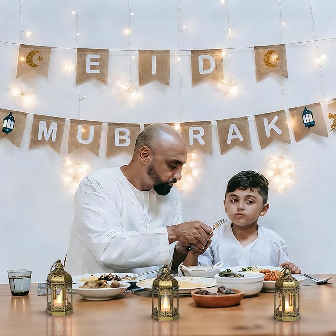 LLQ 12Pcs 5-Inch Ramadan Mini Lanterns - Ramadan & Eid Mubarak Decorations - Vintage Table Centerpieces for Wedding&Christmas Decor - LED Flickering Lantern Light for Hang Ornaments(Brushed Brass)