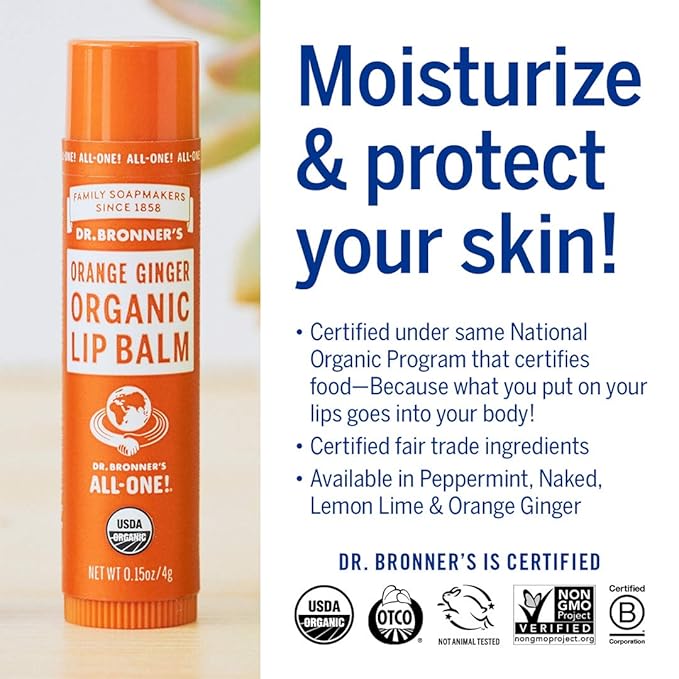 Dr. Bronner’s Organic Lip Balm 6-Pack (.15oz) Natural, Moisturizing, Petroleum-Free Lip Balm with Beeswax & Avocado Oil for Dry Lips, Men & Women - Orange Ginger