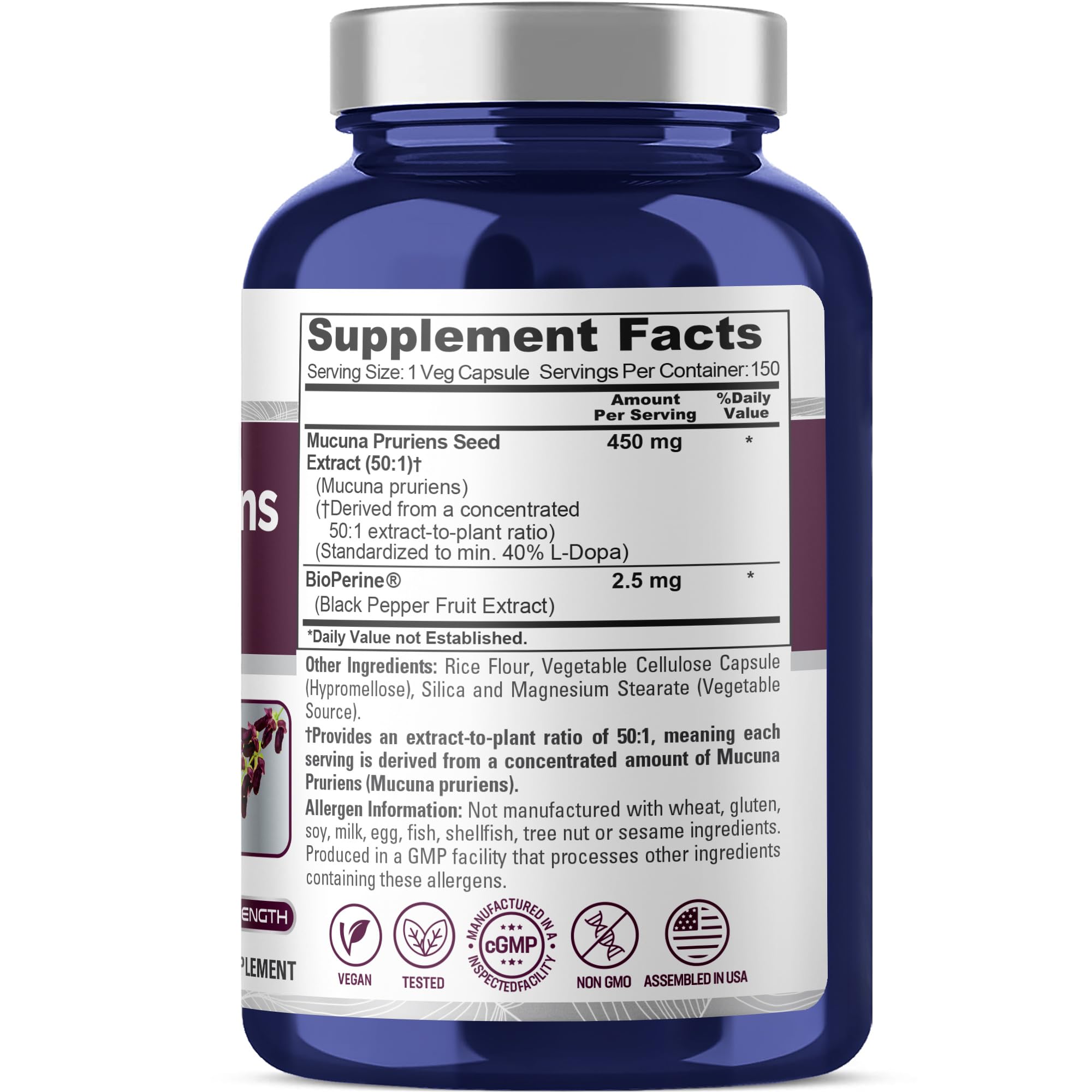 NusaPure Mucuna Pruriens Capsules, 450 mg, 150 Veggie Capsules (Gluten Free, Non-GMO)