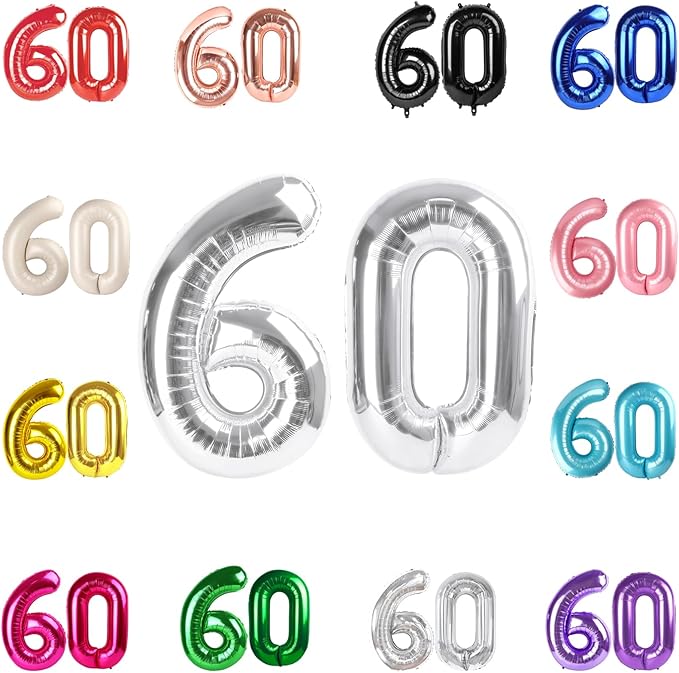 60 Balloon Number, Silver Number 60th Birthday Balloons 40 Inch, 60 Years Old Silver Birthday Decorations for Men Women, 60th Anniversary Decorations