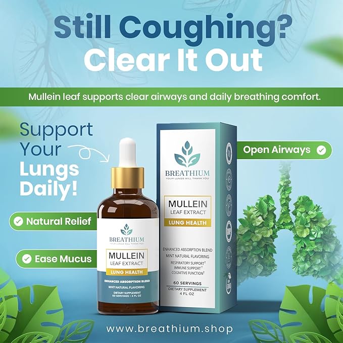 4-in-1 Mullein Drops for Lungs & Gut Health – Liposomal Mullein Leaf Extract, Sunflower Lecithin & Choline for Immune, Digestive, Allergy & Mucus Relief – Made in USA – 4oz Peppermint