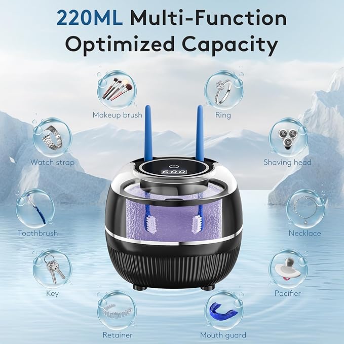 Ultrasonic Retainer Cleaner Machine, 48kHz Dental Cleaning Pod for Night Guards, Mouth Guards, Aligner, Braces, Toothbrush, Jewelry, Ultrasonic Dentures Cleaner with Digital Timer, 220ML, Black