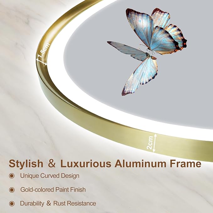 S'bagno Oval-Led-Bathroom-Mirror with Golden Frame Dimmable Brightness, Lghted-Bathroom-Mirror with Defogger, Touch-Buttons, Lights Color Changing, Vertical and Horizontal
