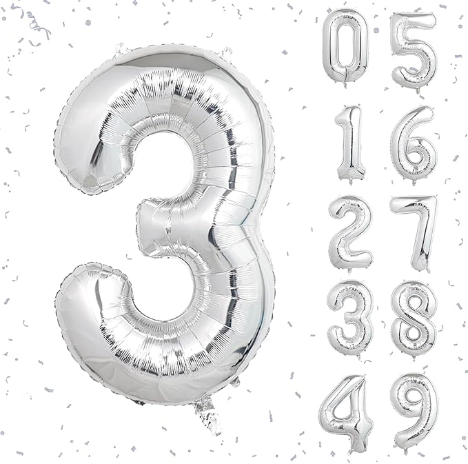 40 Inch Silver Number Balloons, Helium Mylar Foil Number Balloons for Birthdays, Number 3 Balloon for Party Wedding Bachelorette Birthday Bridal Shower Anniversary Celebration Party Decorations